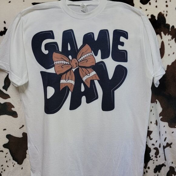 Game Day Bow Football Tee Graphic Short Sleeve T-Shirt - Picture 3 of 5
